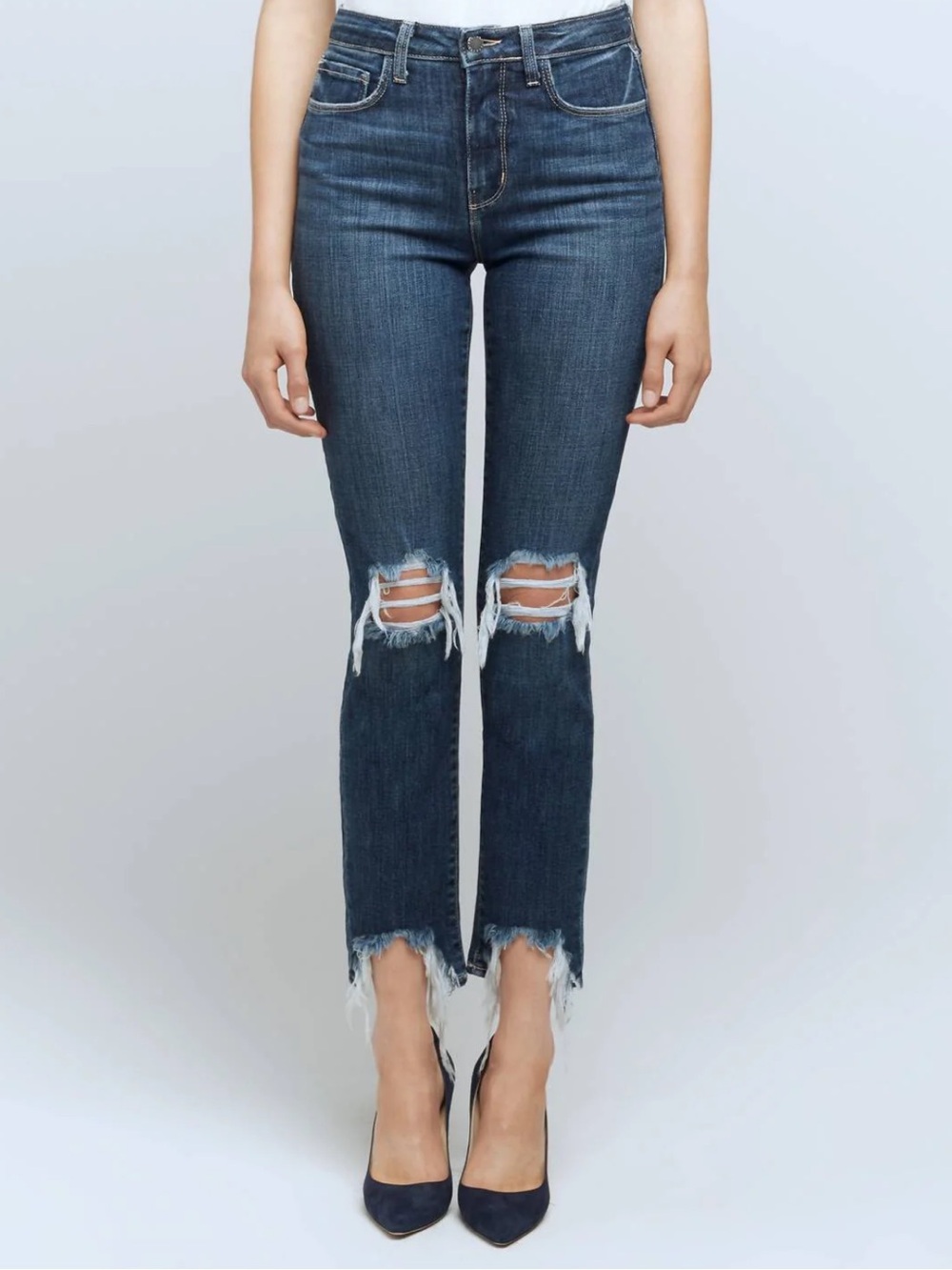 L'AGENCE Dark Blue Straight-Leg Distressed Jeans